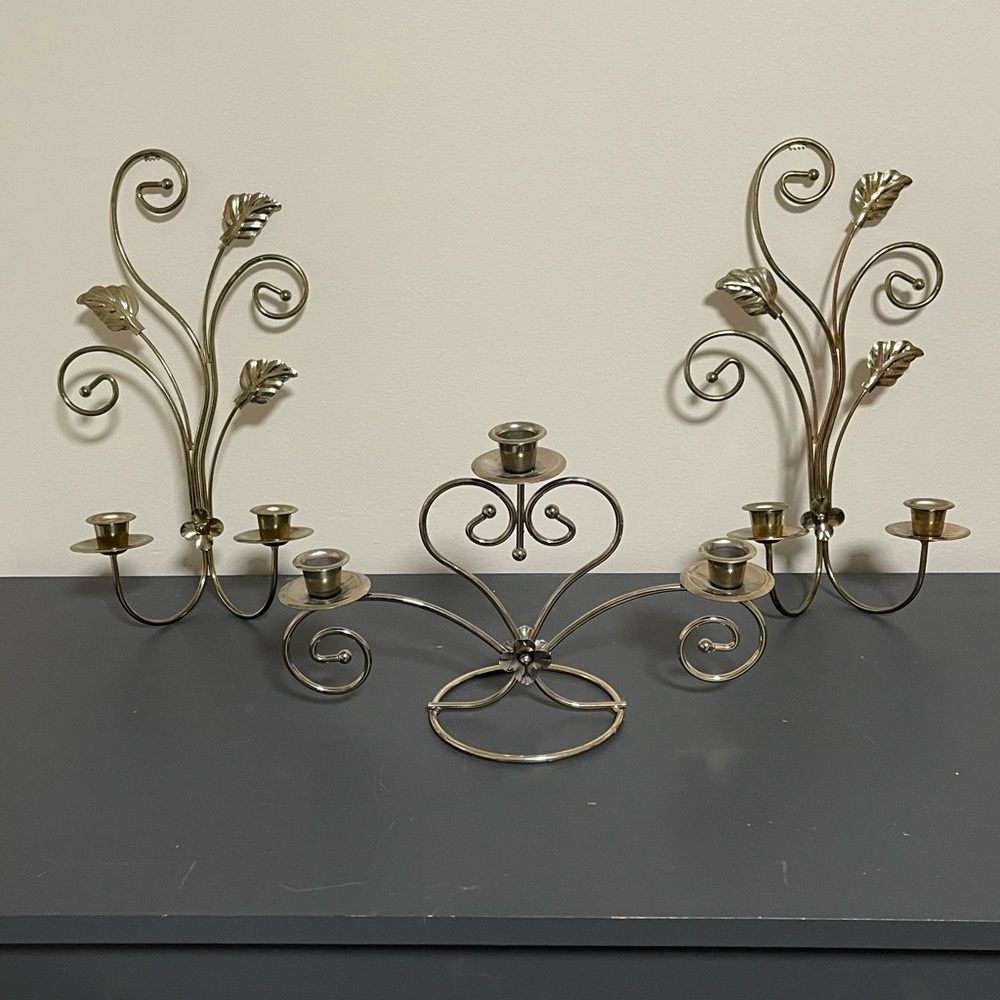 Vintage Metal Gold Leaf Scroll Candle Holders Set of 3